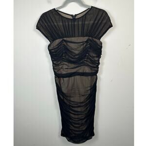 Tadashi Shoji Black Illusion Dress Ruched Mesh Overlay Black Size Small EUC